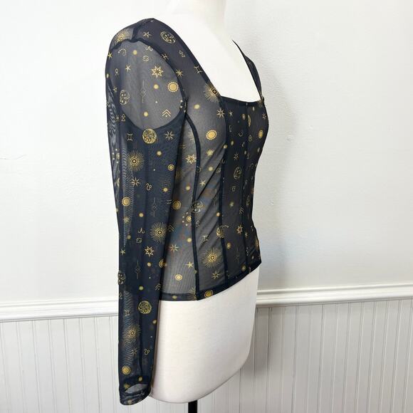 Noisy May Size M Top Sheer Celestial Zodiac Corset Mesh Long Sleeve Goth Witchy - Picture 2 of 15